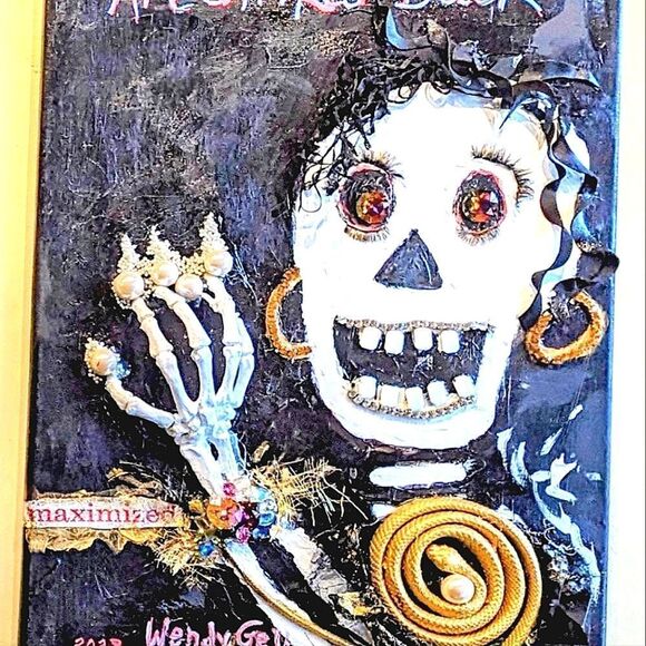 Wendy Gell 3 dimensional on canvas "Art Strikes Back' skull jeweled eyes hand - Picture 3 of 3